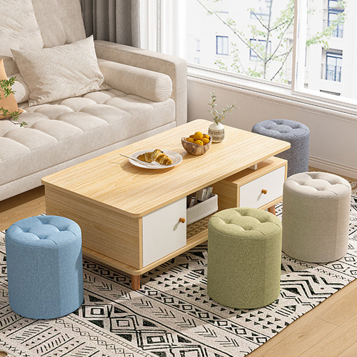 Modern Minimalist Round Solid Wood Cotton Linen Sponge Low Stool Backless Armless For Living Room