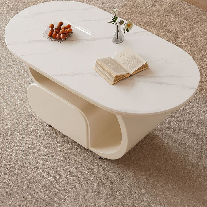 Zeitgemäßer nordischer verschiebbarer ovaler Couchtisch aus umweltfreundlichem Holzwerkstoff mit Steinplatte und Beschlägen aus Karbonstahl, 1 Schublade, für das Wohnzimmer 