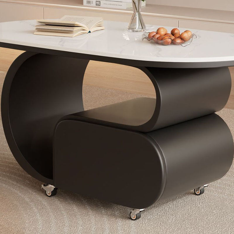 Zeitgemäßer nordischer verschiebbarer ovaler Couchtisch aus umweltfreundlichem Holzwerkstoff mit Steinplatte und Beschlägen aus Karbonstahl, 1 Schublade, für das Wohnzimmer 