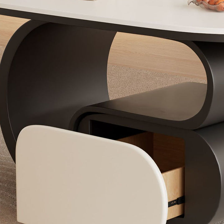 Zeitgemäßer nordischer verschiebbarer ovaler Couchtisch aus umweltfreundlichem Holzwerkstoff mit Steinplatte und Beschlägen aus Karbonstahl, 1 Schublade, für das Wohnzimmer 