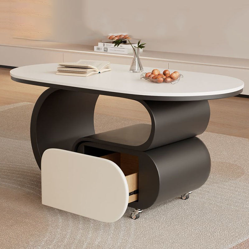 Zeitgemäßer nordischer verschiebbarer ovaler Couchtisch aus umweltfreundlichem Holzwerkstoff mit Steinplatte und Beschlägen aus Karbonstahl, 1 Schublade, für das Wohnzimmer 