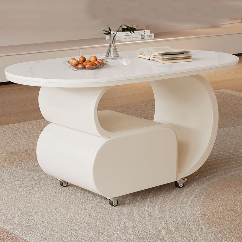 Zeitgemäßer nordischer verschiebbarer ovaler Couchtisch aus umweltfreundlichem Holzwerkstoff mit Steinplatte und Beschlägen aus Karbonstahl, 1 Schublade, für das Wohnzimmer 