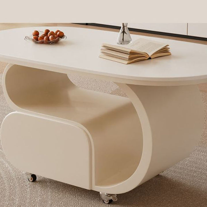Zeitgemäßer nordischer verschiebbarer ovaler Couchtisch aus umweltfreundlichem Holzwerkstoff mit Steinplatte und Beschlägen aus Karbonstahl, 1 Schublade, für das Wohnzimmer 