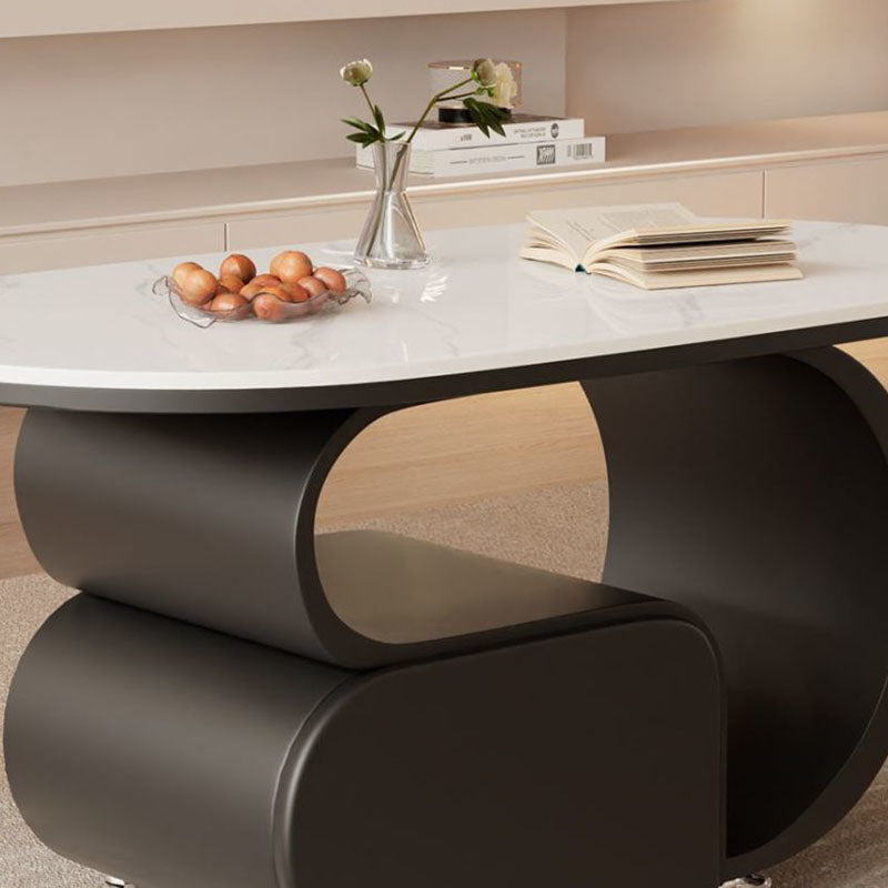 Zeitgemäßer nordischer verschiebbarer ovaler Couchtisch aus umweltfreundlichem Holzwerkstoff mit Steinplatte und Beschlägen aus Karbonstahl, 1 Schublade, für das Wohnzimmer 