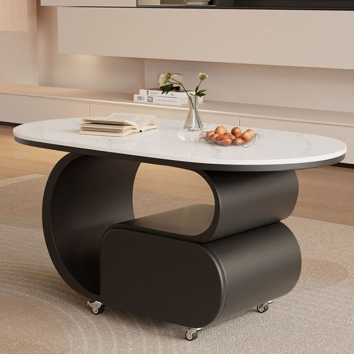 Zeitgemäßer nordischer verschiebbarer ovaler Couchtisch aus umweltfreundlichem Holzwerkstoff mit Steinplatte und Beschlägen aus Karbonstahl, 1 Schublade, für das Wohnzimmer 