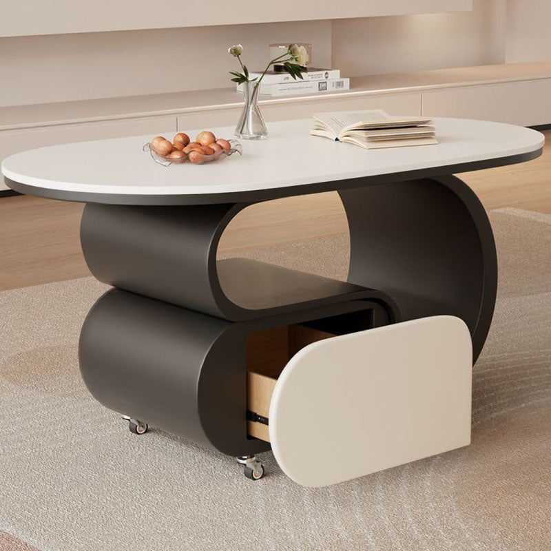 Zeitgemäßer nordischer verschiebbarer ovaler Couchtisch aus umweltfreundlichem Holzwerkstoff mit Steinplatte und Beschlägen aus Karbonstahl, 1 Schublade, für das Wohnzimmer 