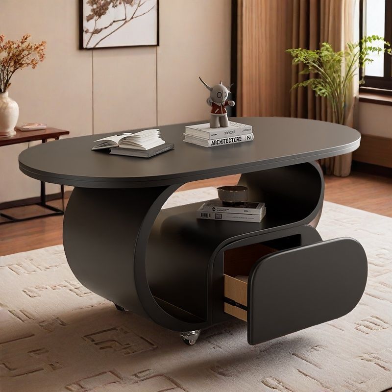 Zeitgemäßer nordischer verschiebbarer ovaler Couchtisch aus umweltfreundlichem Holzwerkstoff mit Steinplatte und Beschlägen aus Karbonstahl, 1 Schublade, für das Wohnzimmer 