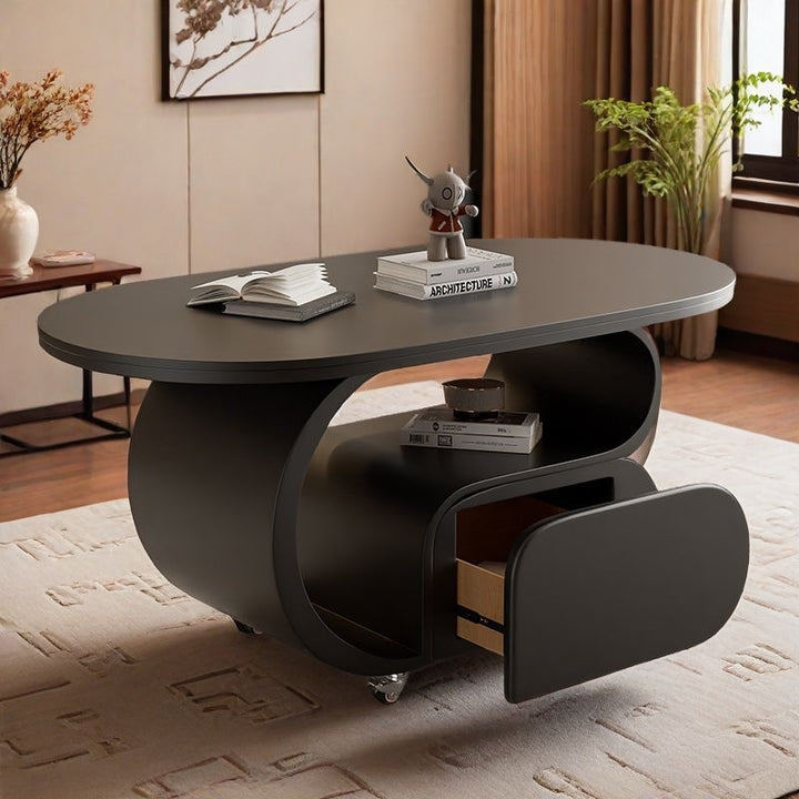 Zeitgemäßer nordischer verschiebbarer ovaler Couchtisch aus umweltfreundlichem Holzwerkstoff mit Steinplatte und Beschlägen aus Karbonstahl, 1 Schublade, für das Wohnzimmer 