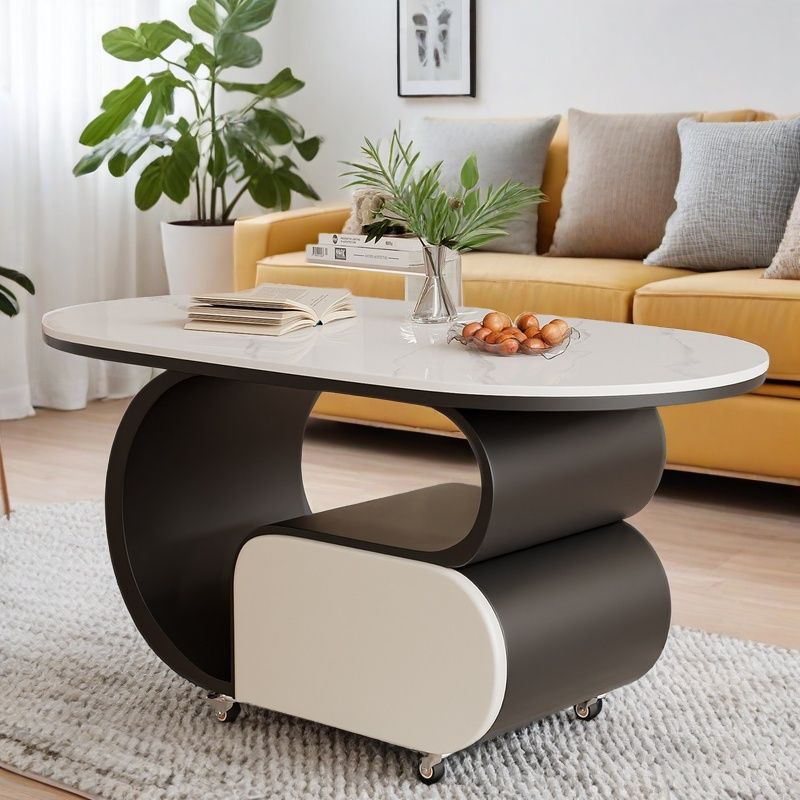 Zeitgemäßer nordischer verschiebbarer ovaler Couchtisch aus umweltfreundlichem Holzwerkstoff mit Steinplatte und Beschlägen aus Karbonstahl, 1 Schublade, für das Wohnzimmer 