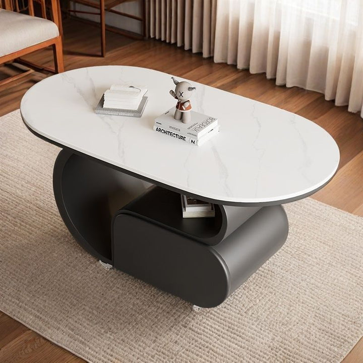 Zeitgemäßer nordischer verschiebbarer ovaler Couchtisch aus umweltfreundlichem Holzwerkstoff mit Steinplatte und Beschlägen aus Karbonstahl, 1 Schublade, für das Wohnzimmer 