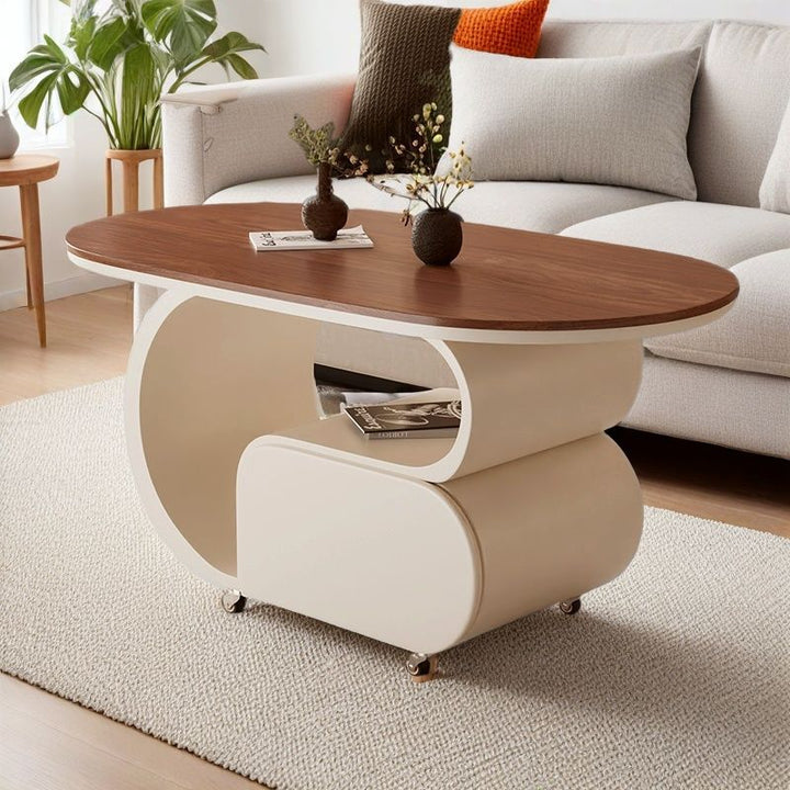 Zeitgemäßer nordischer verschiebbarer ovaler Couchtisch aus umweltfreundlichem Holzwerkstoff mit Steinplatte und Beschlägen aus Karbonstahl, 1 Schublade, für das Wohnzimmer 