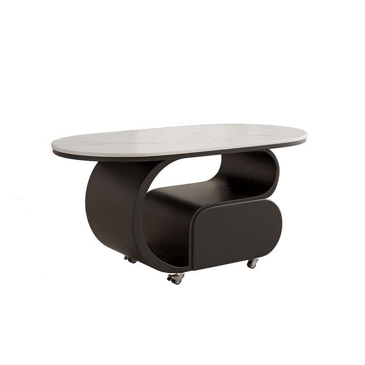 Zeitgemäßer nordischer verschiebbarer ovaler Couchtisch aus umweltfreundlichem Holzwerkstoff mit Steinplatte und Beschlägen aus Karbonstahl, 1 Schublade, für das Wohnzimmer 