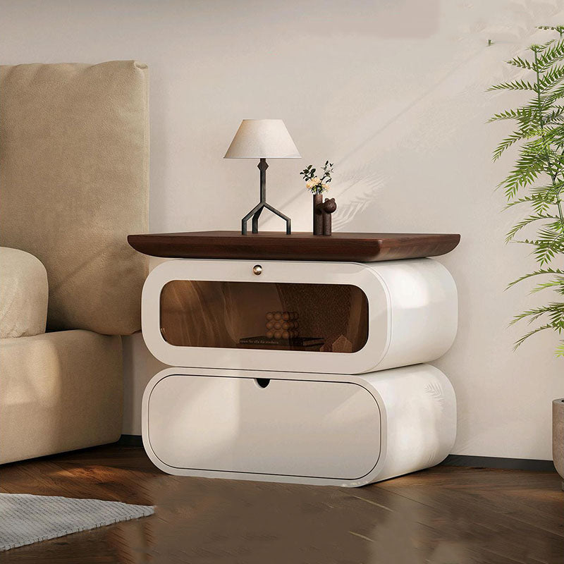 Table de chevet moderne minimaliste carré en bois massif avec verre à 2 tiroirs pour chambre 