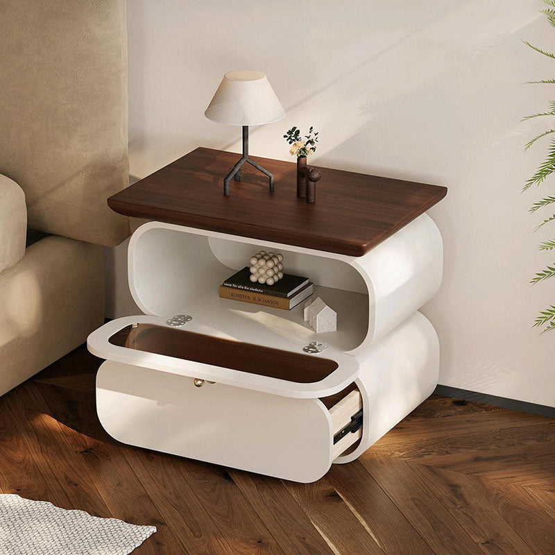 Table de chevet moderne minimaliste carré en bois massif avec verre à 2 tiroirs pour chambre 