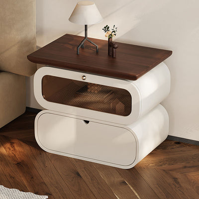 Table de chevet moderne minimaliste carré en bois massif avec verre à 2 tiroirs pour chambre 
