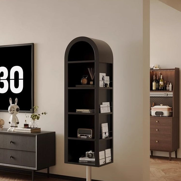 Moderne minimalistische drehbare bogenförmige Bücherregale aus Kohlenstoffstahl und Glas mit 5 Ebenen und Spiegel für das Wohnzimmer 