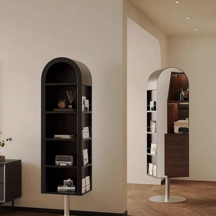 Modern Minimalist Rotatable Arched Carbon Steel Glass Bookshelves 5-Tier With Mirror For Living Room