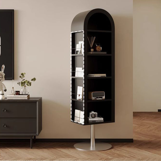 Moderne minimalistische drehbare bogenförmige Bücherregale aus Kohlenstoffstahl und Glas mit 5 Ebenen und Spiegel für das Wohnzimmer 