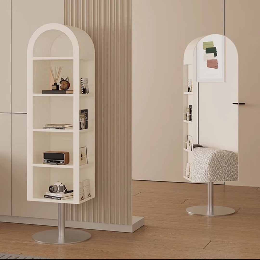 Moderne minimalistische drehbare bogenförmige Bücherregale aus Kohlenstoffstahl und Glas mit 5 Ebenen und Spiegel für das Wohnzimmer 