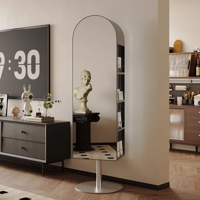 Moderne minimalistische drehbare bogenförmige Bücherregale aus Kohlenstoffstahl und Glas mit 5 Ebenen und Spiegel für das Wohnzimmer 