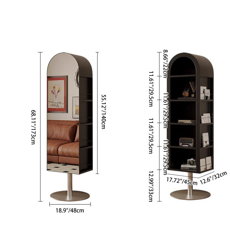 Moderne minimalistische drehbare bogenförmige Bücherregale aus Kohlenstoffstahl und Glas mit 5 Ebenen und Spiegel für das Wohnzimmer 