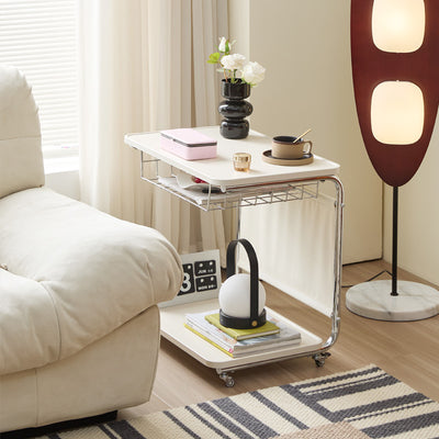 Modern Minimalist Movable Square PU Leather Metal Vacuum-Formed Board Side Table 3-Tier For Living Room