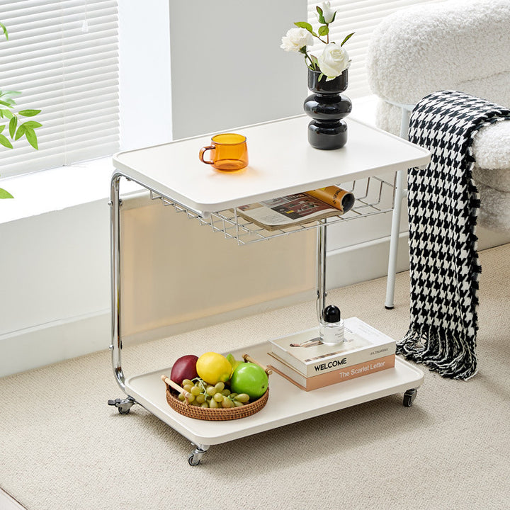 Mesa auxiliar de 3 niveles moderna minimalista, móvil, cuadrada, de cuero PU, acero al carbono y MDF para sala de estar 