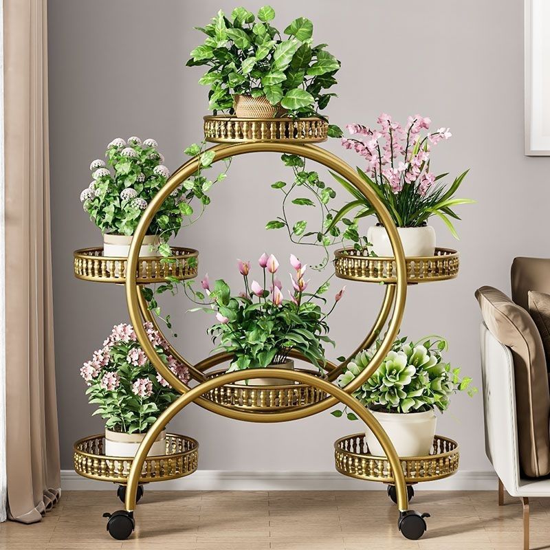 Modern Minimalist Movable Round Ferris Wheel-Shaped Iron Display Rack 4/6/8-Tray For Balcony