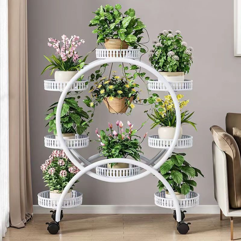 Modern Minimalist Movable Round Ferris Wheel-Shaped Iron Display Rack 4/6/8-Tray For Balcony