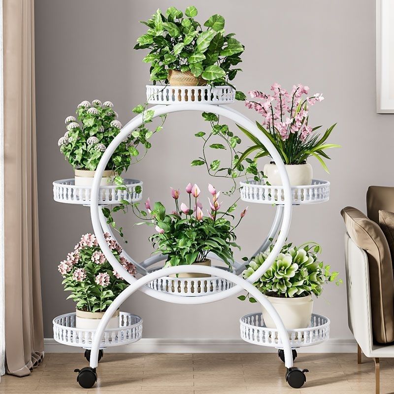Modern Minimalist Movable Round Ferris Wheel-Shaped Iron Display Rack 4/6/8-Tray For Balcony