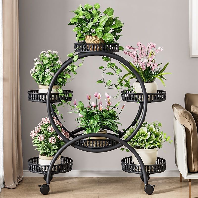 Modern Minimalist Movable Round Ferris Wheel-Shaped Iron Display Rack 4/6/8-Tray For Balcony