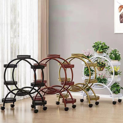 Modern Minimalist Movable Round Ferris Wheel-Shaped Iron Display Rack 4/6/8-Tray For Balcony