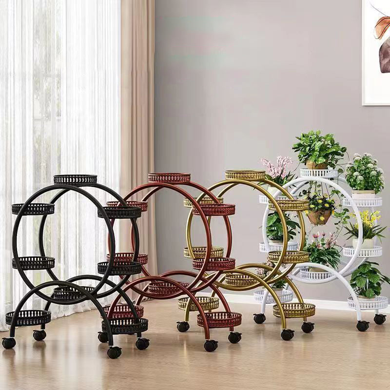 Modern Minimalist Movable Round Ferris Wheel-Shaped Iron Display Rack 4/6/8-Tray For Balcony
