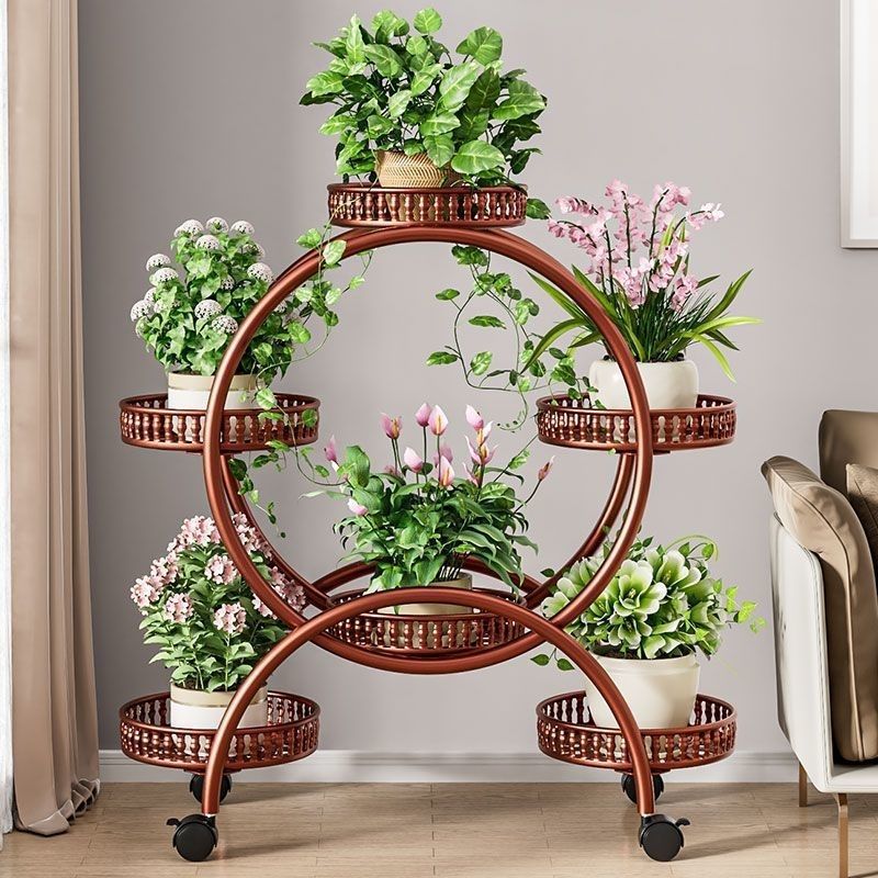 Modern Minimalist Movable Round Ferris Wheel-Shaped Iron Display Rack 4/6/8-Tray For Balcony