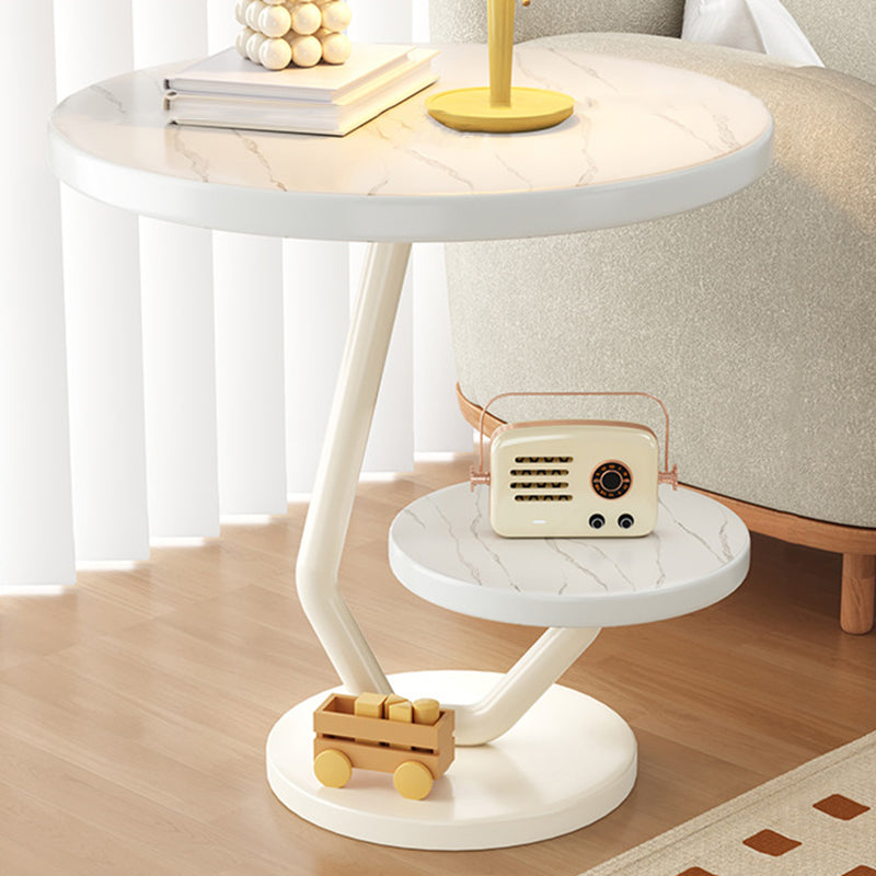 Contemporary Nordic Round Floral Iron Composite Board Side Table 2-Tier For Living Room