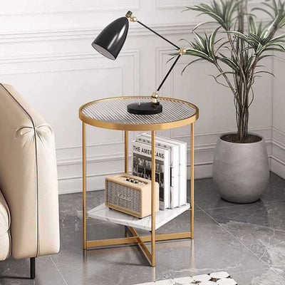 Modern Minimalist Round Stone Slab Iron Glass Side Table 2-Tier For Living Room