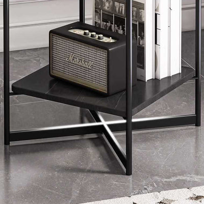 Modern Minimalist Round Stone Slab Iron Glass Side Table 2-Tier For Living Room