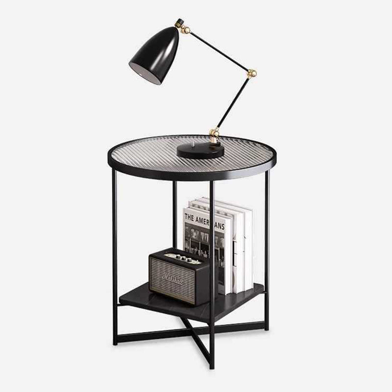 Modern Minimalist Round Stone Slab Iron Glass Side Table 2-Tier For Living Room