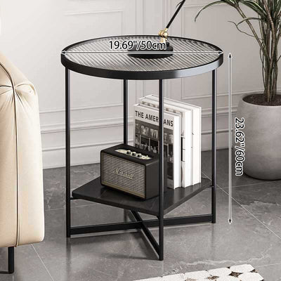 Modern Minimalist Round Stone Slab Iron Glass Side Table 2-Tier For Living Room
