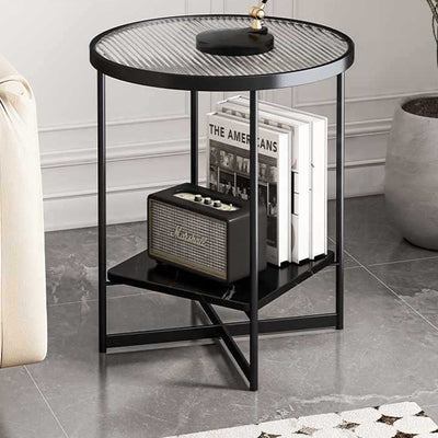 Modern Minimalist Round Stone Slab Iron Glass Side Table 2-Tier For Living Room