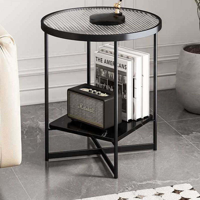 Modern Minimalist Round Stone Slab Iron Glass Side Table 2-Tier For Living Room
