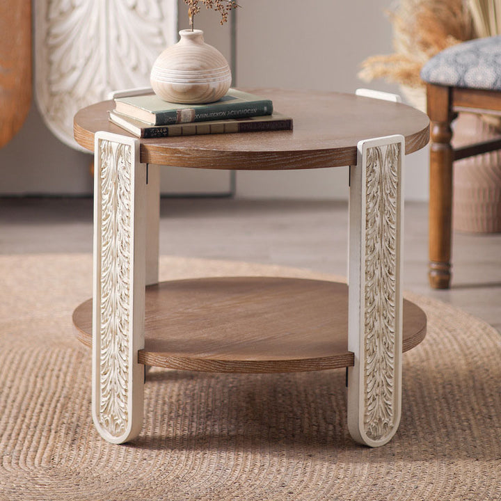 Traditional French Round Relief Carved Clear Pine Wood Coffee Table 2-Tier For Living Room