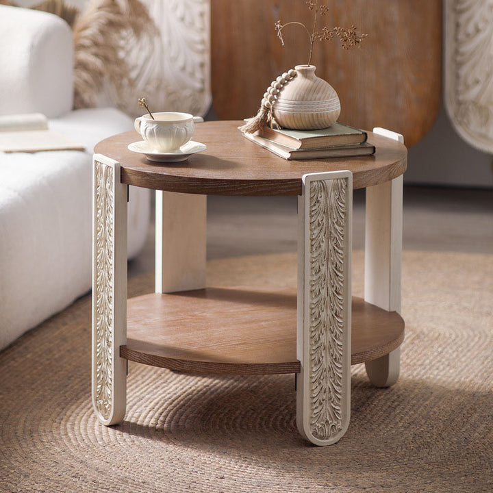 Traditional French Round Relief Carved Clear Pine Wood Coffee Table 2-Tier For Living Room