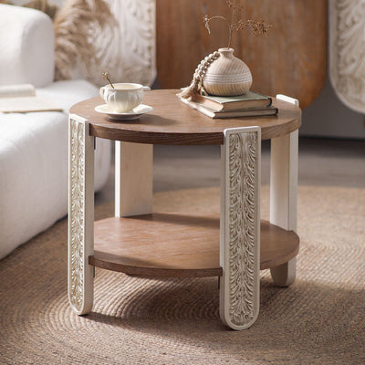 Traditional French Round Relief Carved Solid Wood MDF Coffee Table 2-Tier For Living Room