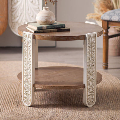 Traditional French Round Relief Carved Solid Wood MDF Coffee Table 2-Tier For Living Room