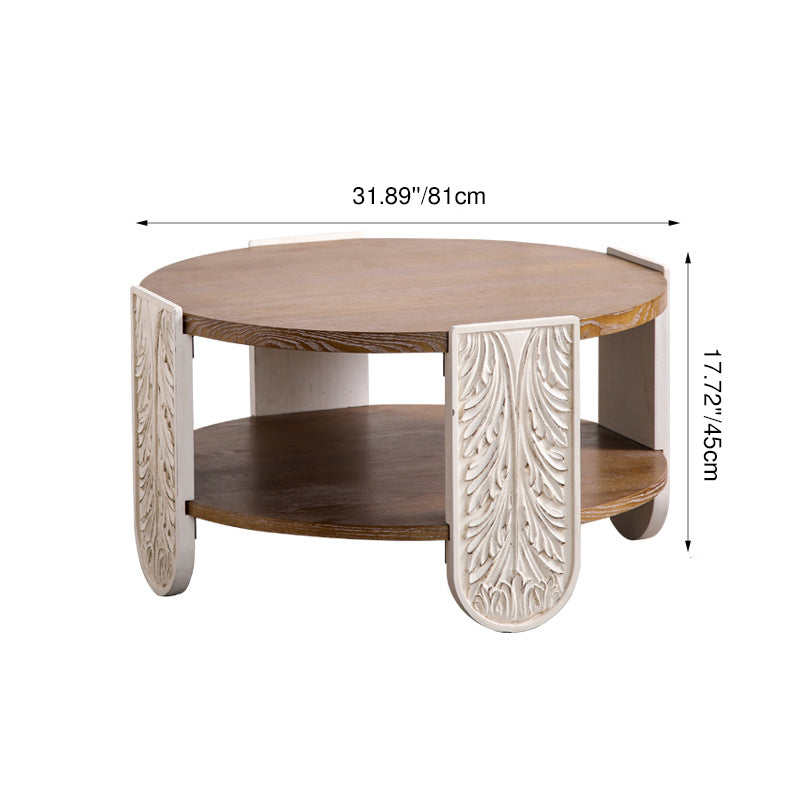 Traditional French Round Relief Carved Solid Wood MDF Coffee Table 2-Tier For Living Room