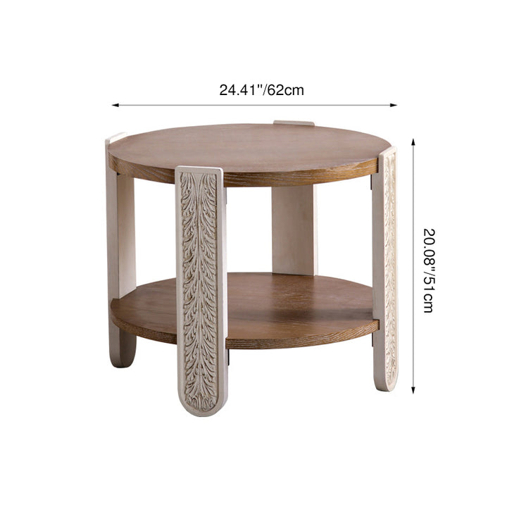 Traditional French Round Relief Carved Clear Pine Wood Coffee Table 2-Tier For Living Room