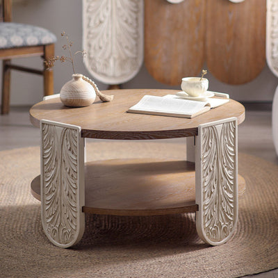 Traditional French Round Relief Carved Solid Wood MDF Coffee Table 2-Tier For Living Room