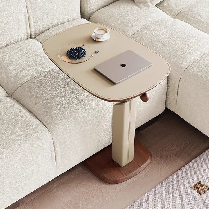 Table d’appoint contemporaine nordique carrée rotative et relevable en cuir synthétique, bois massif et acier inoxydable, 1 niveau, pour salon 