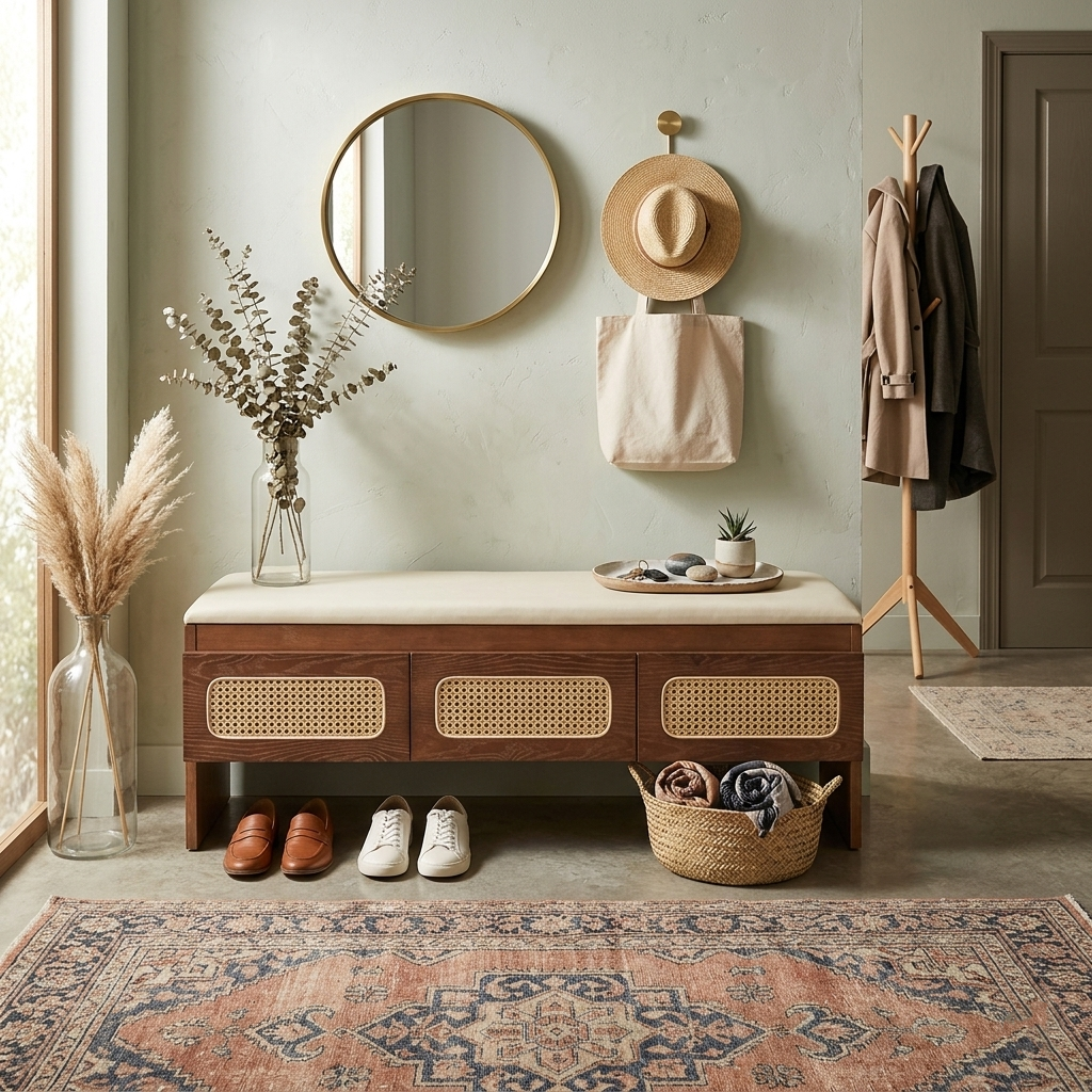 Traditional Japanese Rectangular Rubberwood PU Leather PVC Rattan Shoe Storage Bench For Entryway